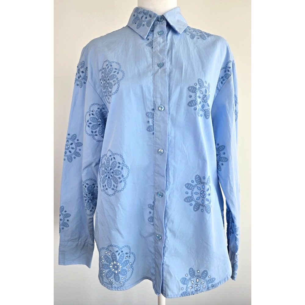 Zara Floral Mesh Cotton Shirt Pastel Blue Oversize Sz S Minimalist Quiet Luxury